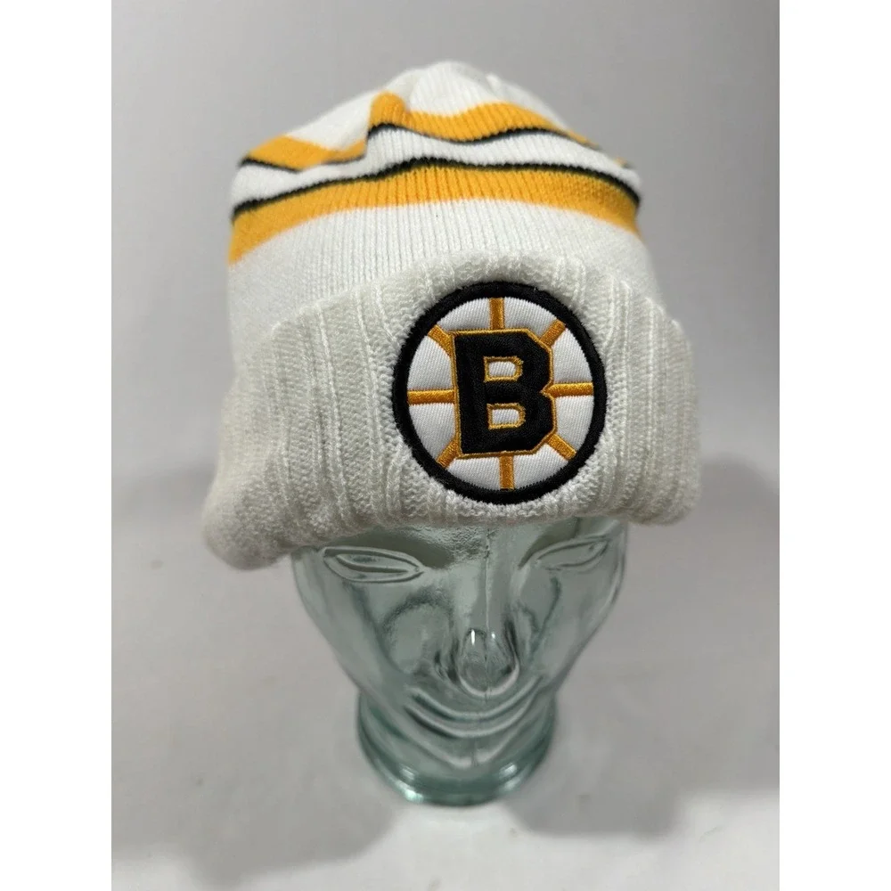 Vintage Boston Bruins Beanie White Stripe‎ NHL Hockey Streetwear Knit Cap
